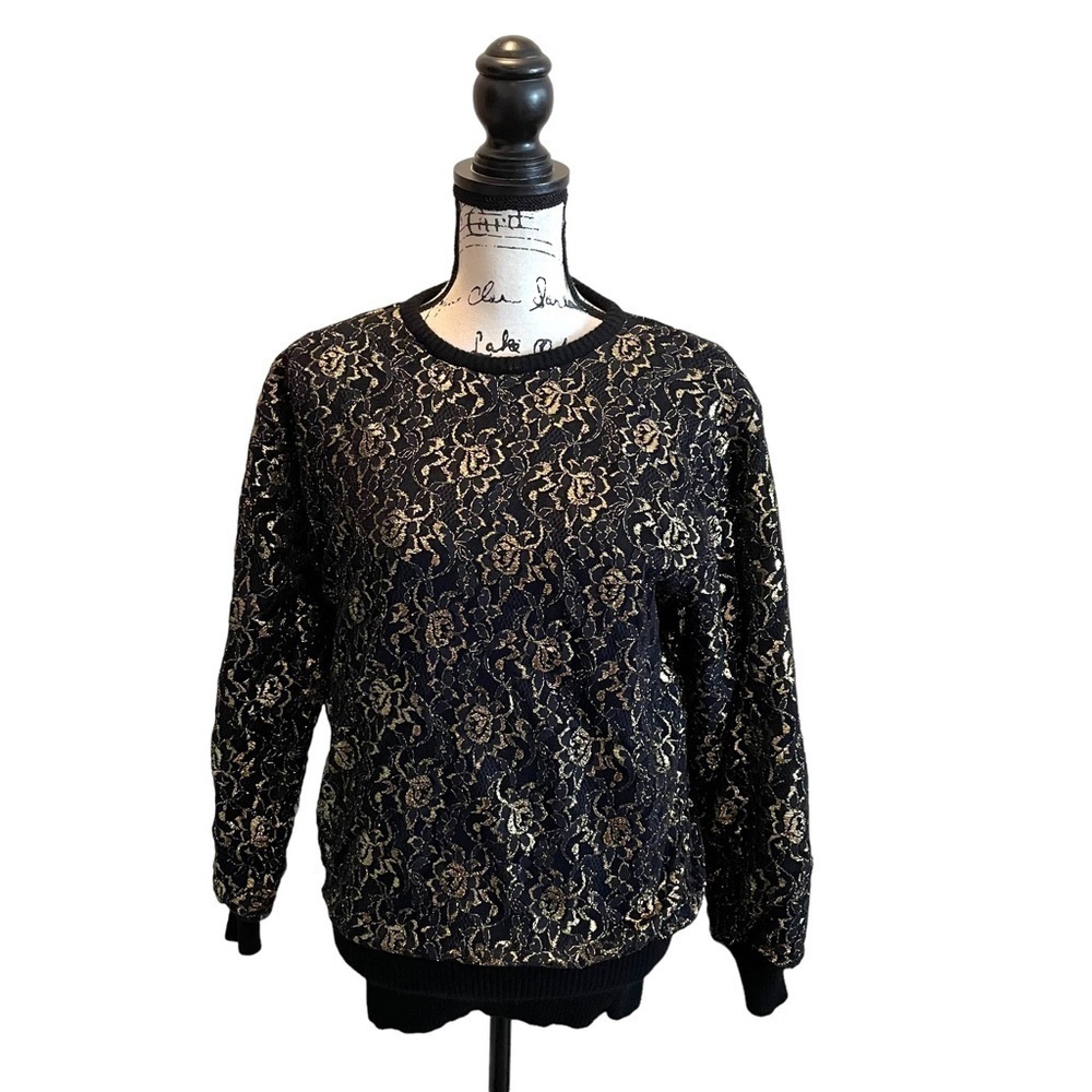 Vintage Lace Wool Pullover Sweater Black Gold size Large Floral Granny Punk
